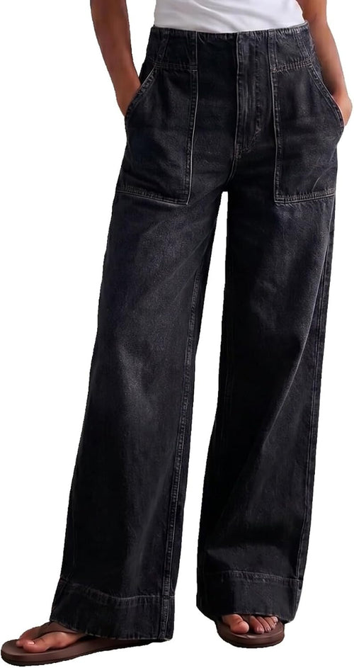 Women's Cotton Wide Leg Jeans - Low Mid Rise Pull On Baggy Denim with Oversized Pockets for Boho Outfits - Small