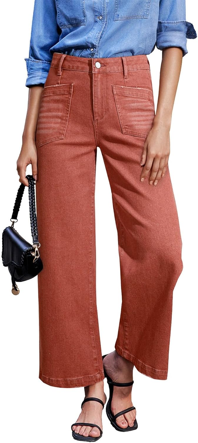 Women's Wide Leg Ankle Jeans - High Waisted Stretch Denim with Four Patch Pockets and Distressing - 4