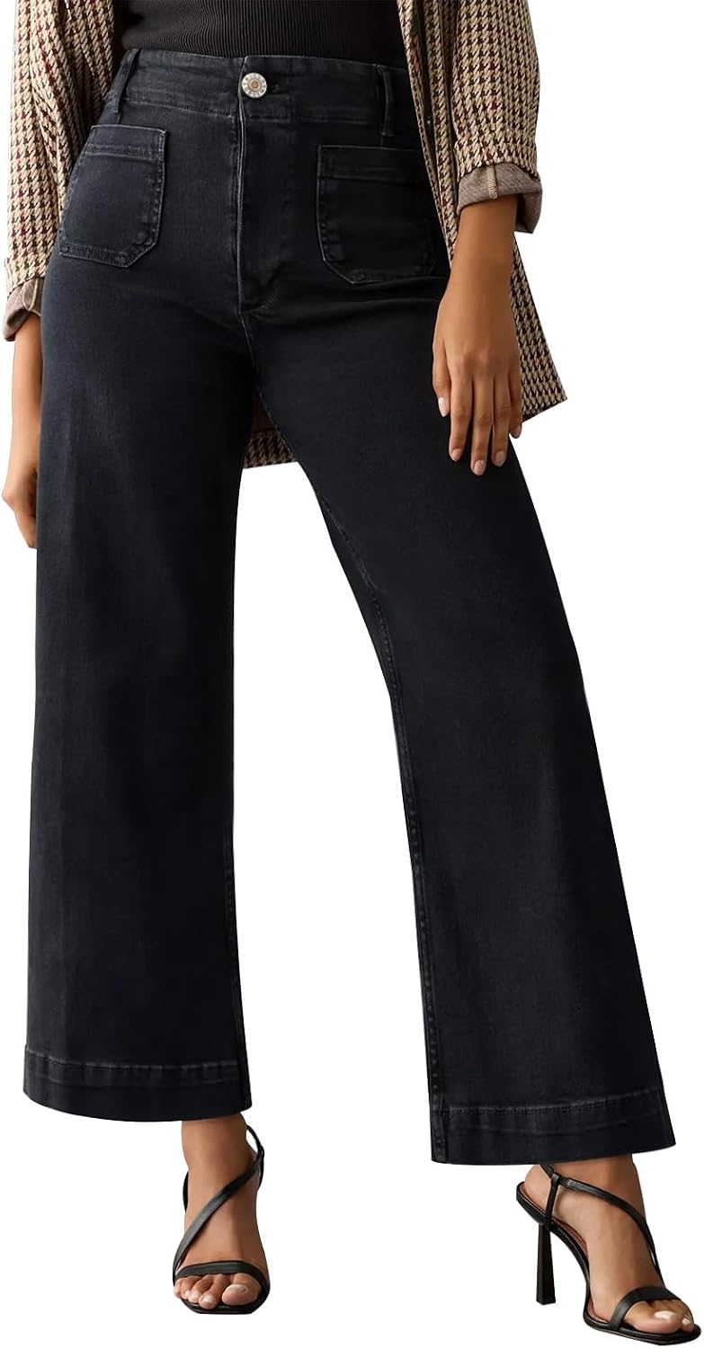 Women's High Waisted Wide Leg Jeans - Straight Leg Stretch Denim with Pockets for Everyday Outfits - 2