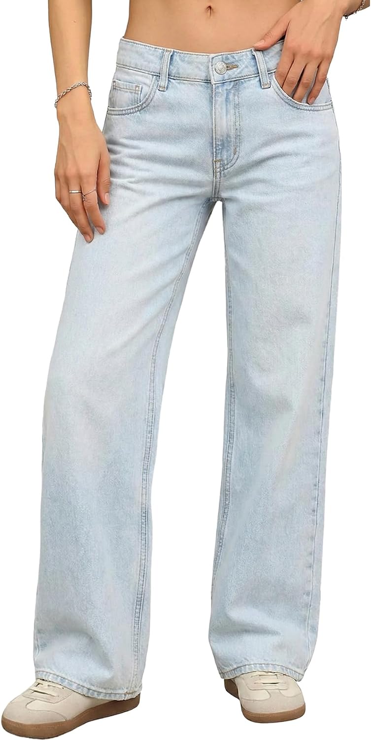Women's Low Rise Baggy Jeans - Straight Leg Stretch Denim in a Loose Boyfriend Fit for Y2k Outfits - 0