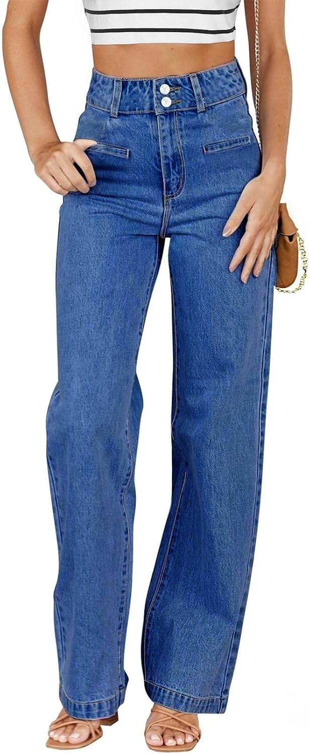 Women's High Waisted Straight Leg Jeans - Soft Stretch Denim with a Dual Button Closure and Pockets - 4
