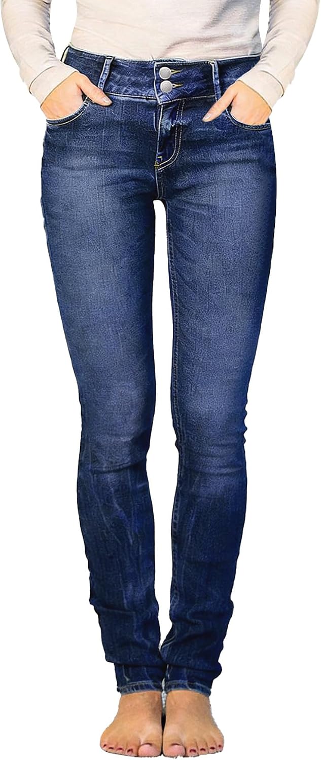 Women's High Rise Skinny Jeans - Butt Lifting Slim Fit Stretch Denim with a Double Button Closure - Dark Blue (10)