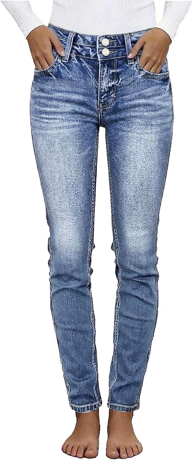 Women's High Rise Skinny Jeans - Butt Lifting Slim Fit Stretch Denim with a Double Button Closure - Ash Blue (5)