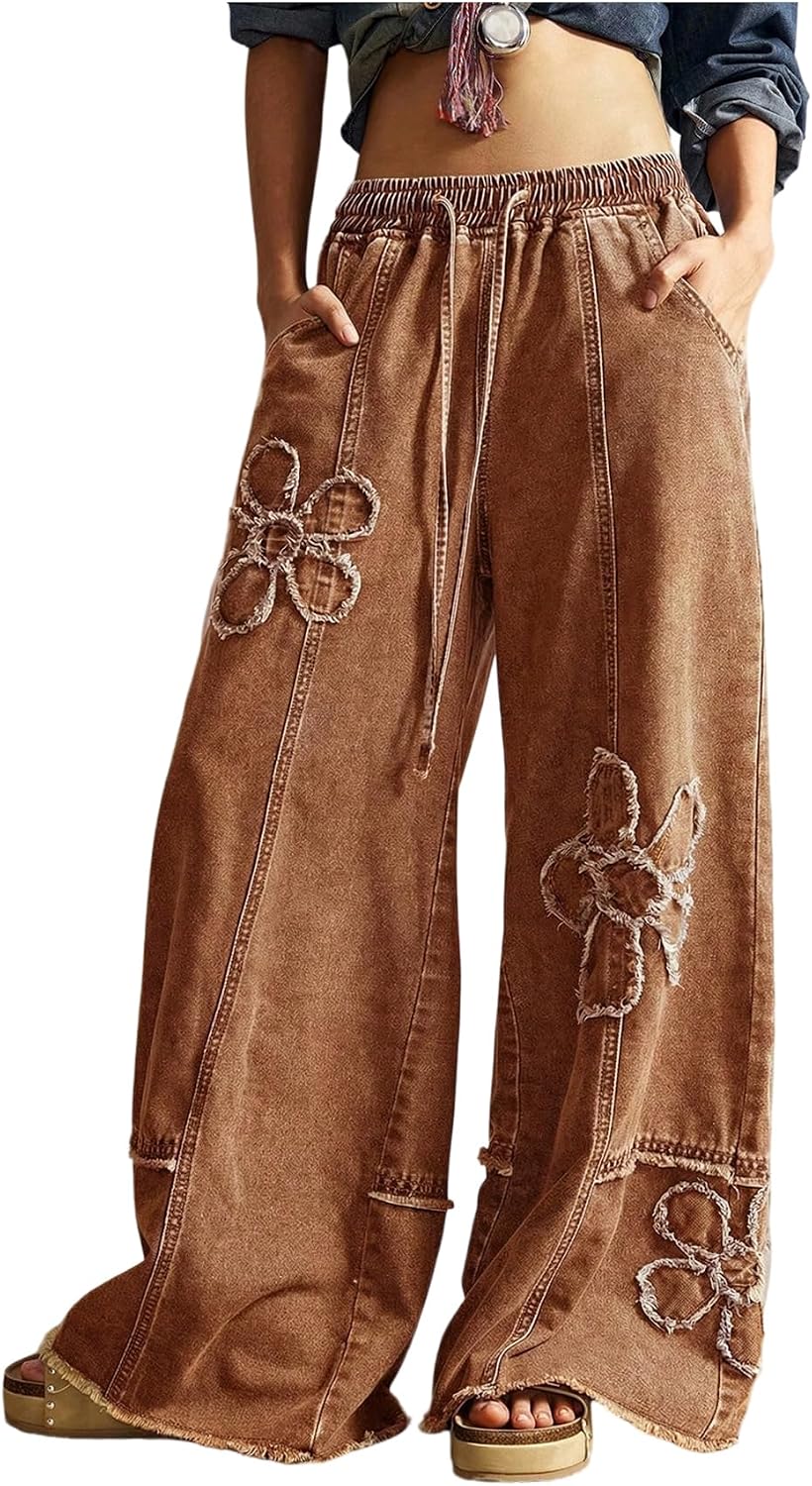 Women's Floral Baggy Wide Leg Jeans - Low Rise Denim Boho Pants with Drawstring Elastic Waist - Small (11)