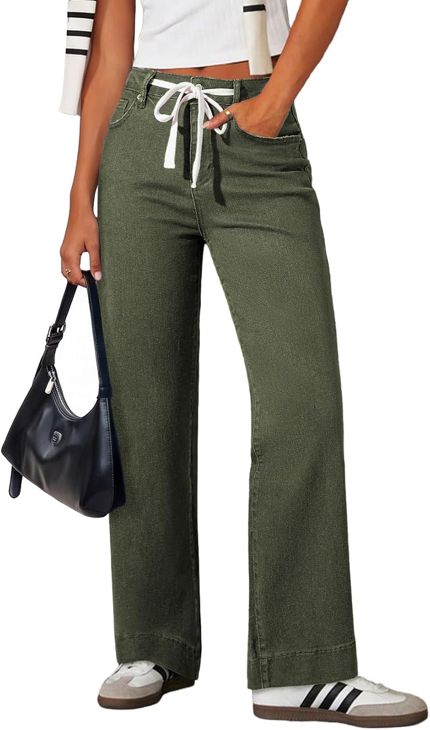 Women's High Rise Straight Leg Jeans - Stretch Denim with an Adjustable Drawstring and Pockets - 4