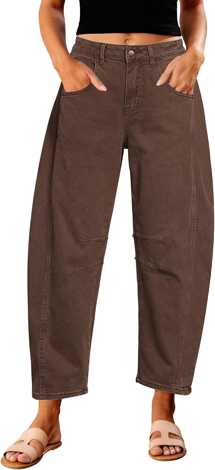 Women's High Rise Barrel Jeans - Cropped Stretch Denim with Seam Detailing for Dressy Casual Outfits - Small