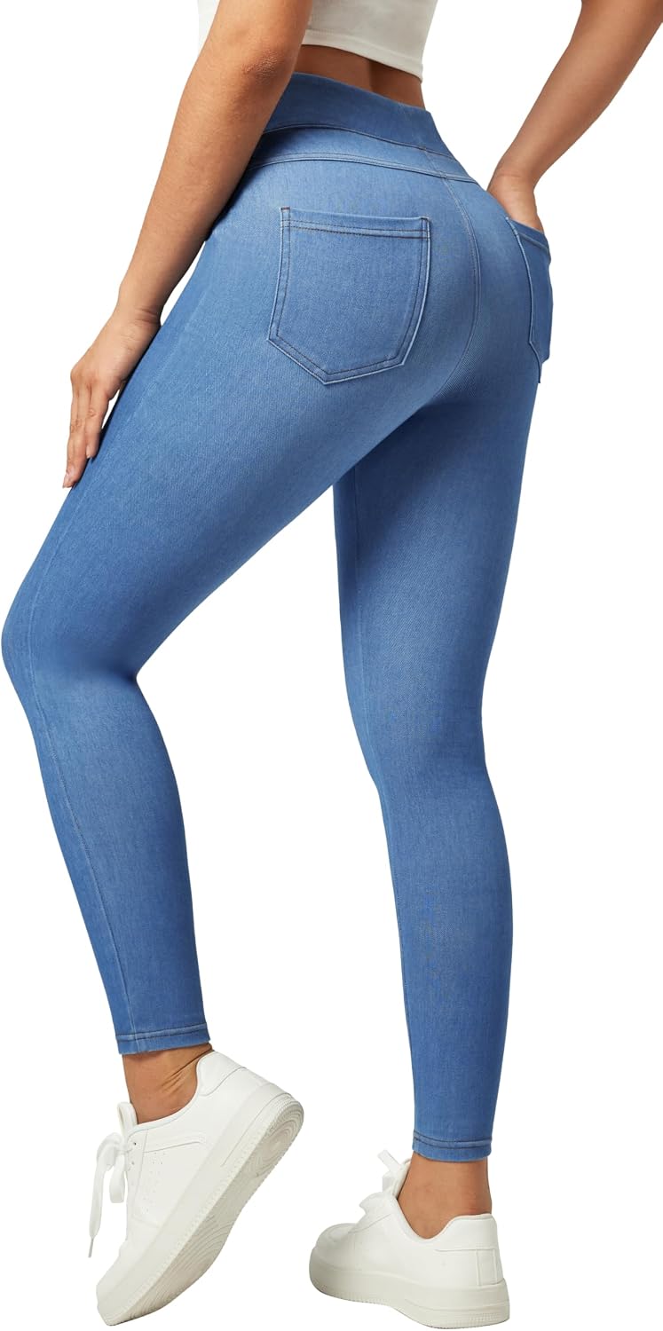 Women's Pull On Denim Jeggings - High Waist Skinny Leggings with Tummy Control and Four Pockets - Plus Size (5)