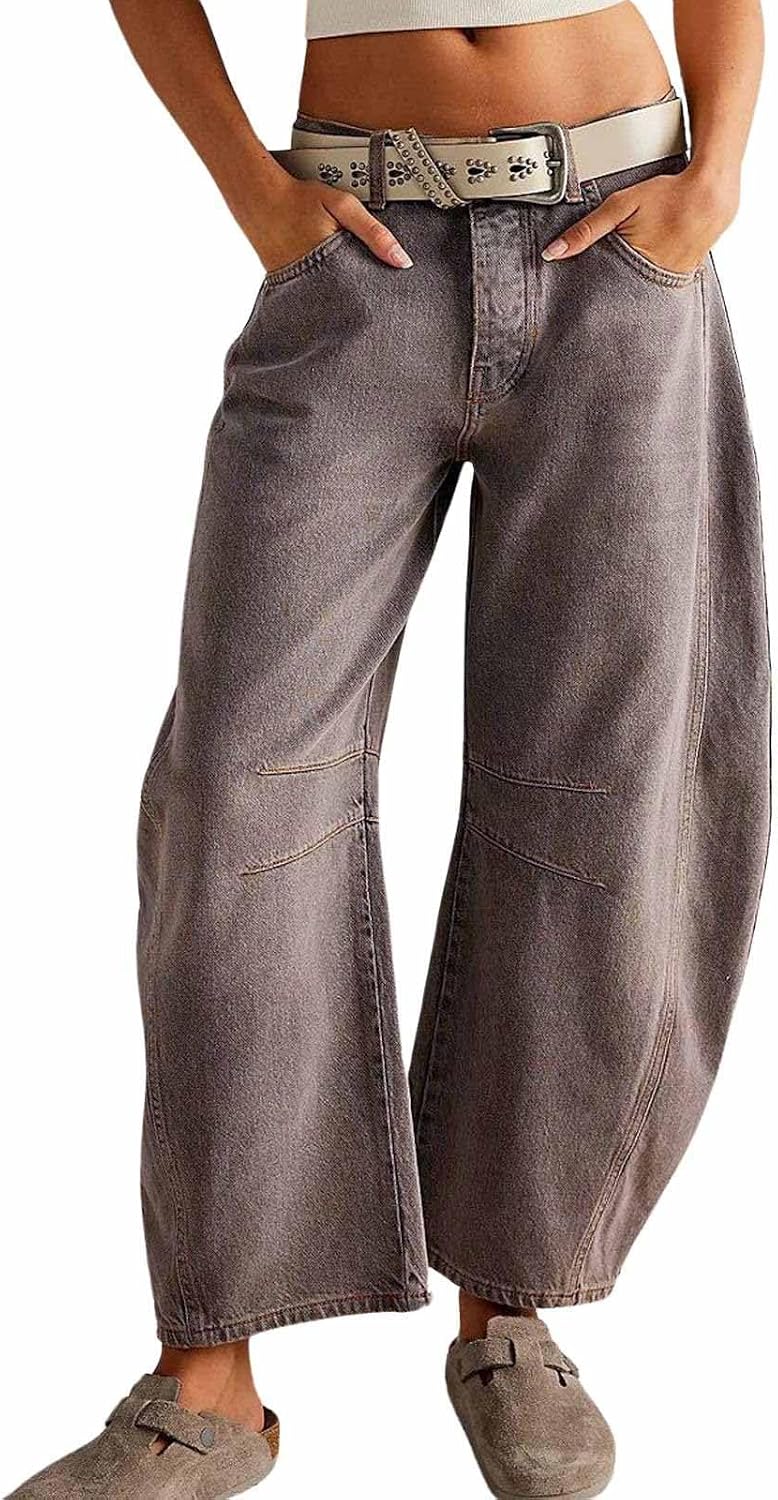 Women's Vintage Wash Barrel Jeans - Mid Rise Loose Wide Leg Cropped Denim for Weekend Outfits - Small