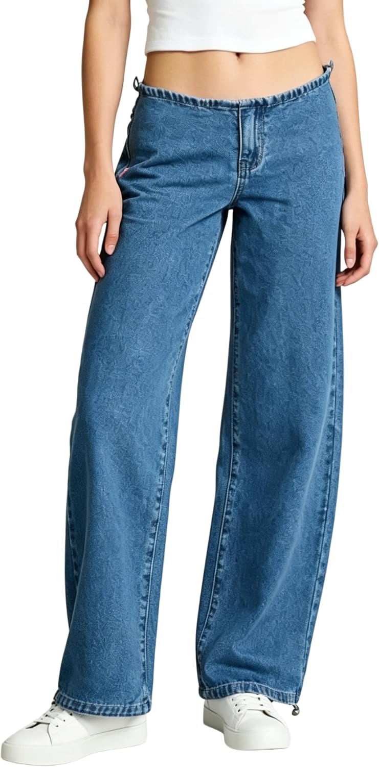 Women's Super Low Rise Baggy Jeans - Wide Barrel Leg Denim with Drawstring Hems for Casual Trips - Small (2)