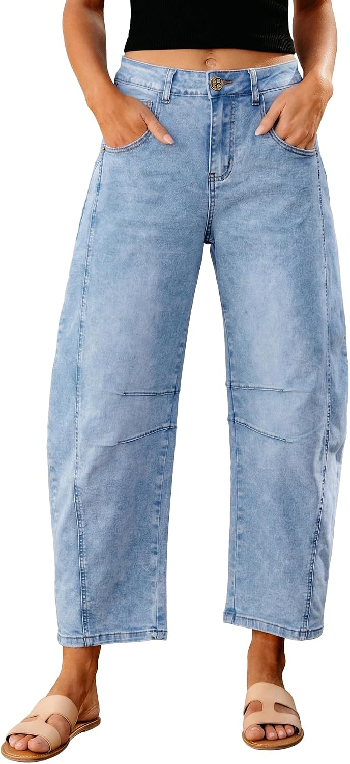 Women's High Rise Barrel Jeans - Cropped Stretch Denim with Seam Detailing for Dressy Casual Outfits - Small
