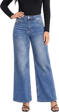 Women's High Waisted Wide Leg Jeans - Loose Stretch Denim with Raw Hem and Tummy Control Waist - 24