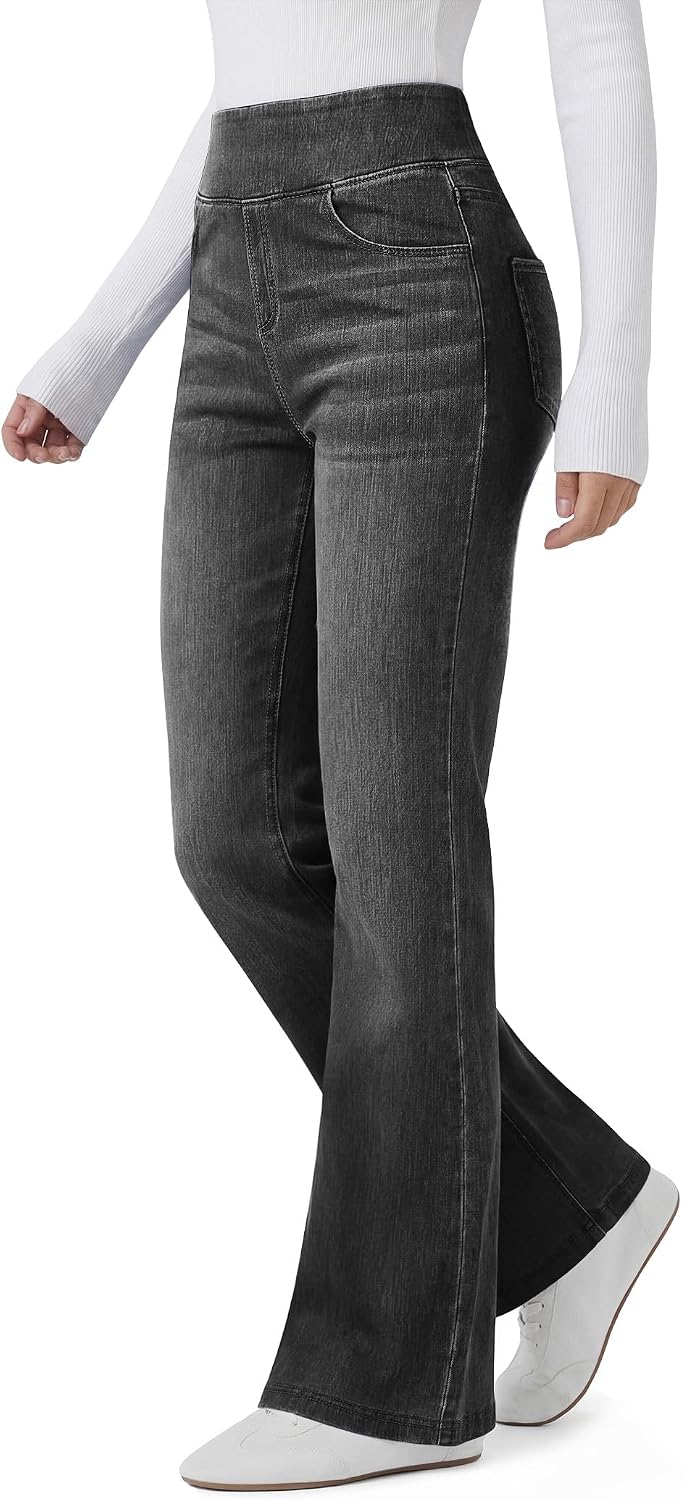 Women's Soft Stretch Denim Flare Jeans - High Waisted Pull On Bootcut with Pockets for Work and Travel - Small