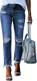 Women's Ripped Straight Leg Jeans - Distressed Boyfriend Denim with Raw Hem and Five Pockets - 4