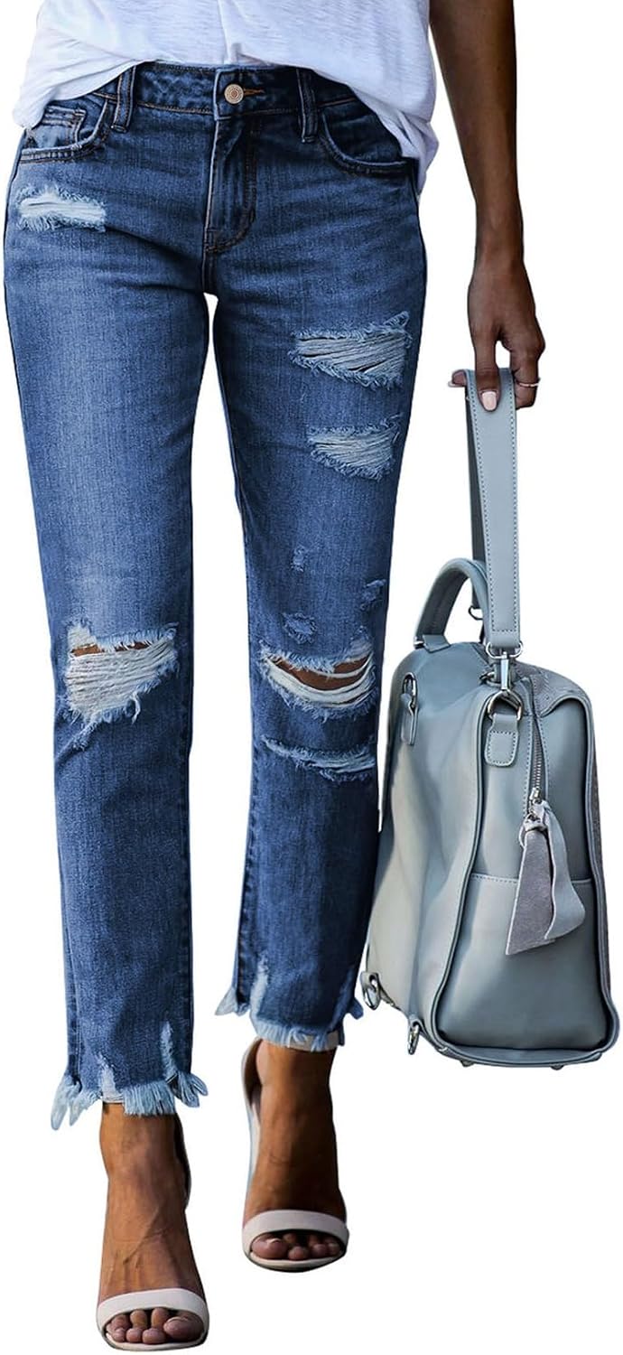 Women's Ripped Straight Leg Jeans - Distressed Boyfriend Denim with Raw Hem and Five Pockets - 4