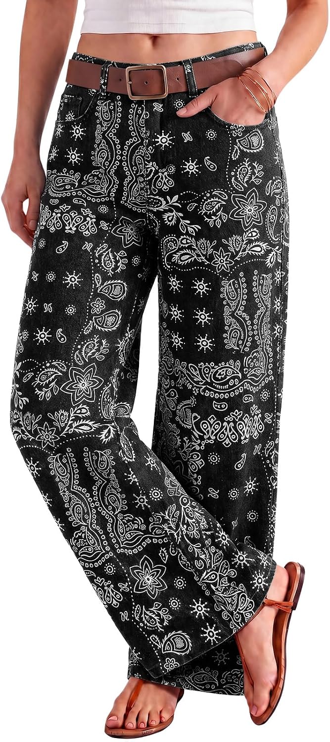 Women's Bandana Print Baggy Jeans - High Waist Wide Leg Cotton Denim with Patchwork for Streetwear - 2
