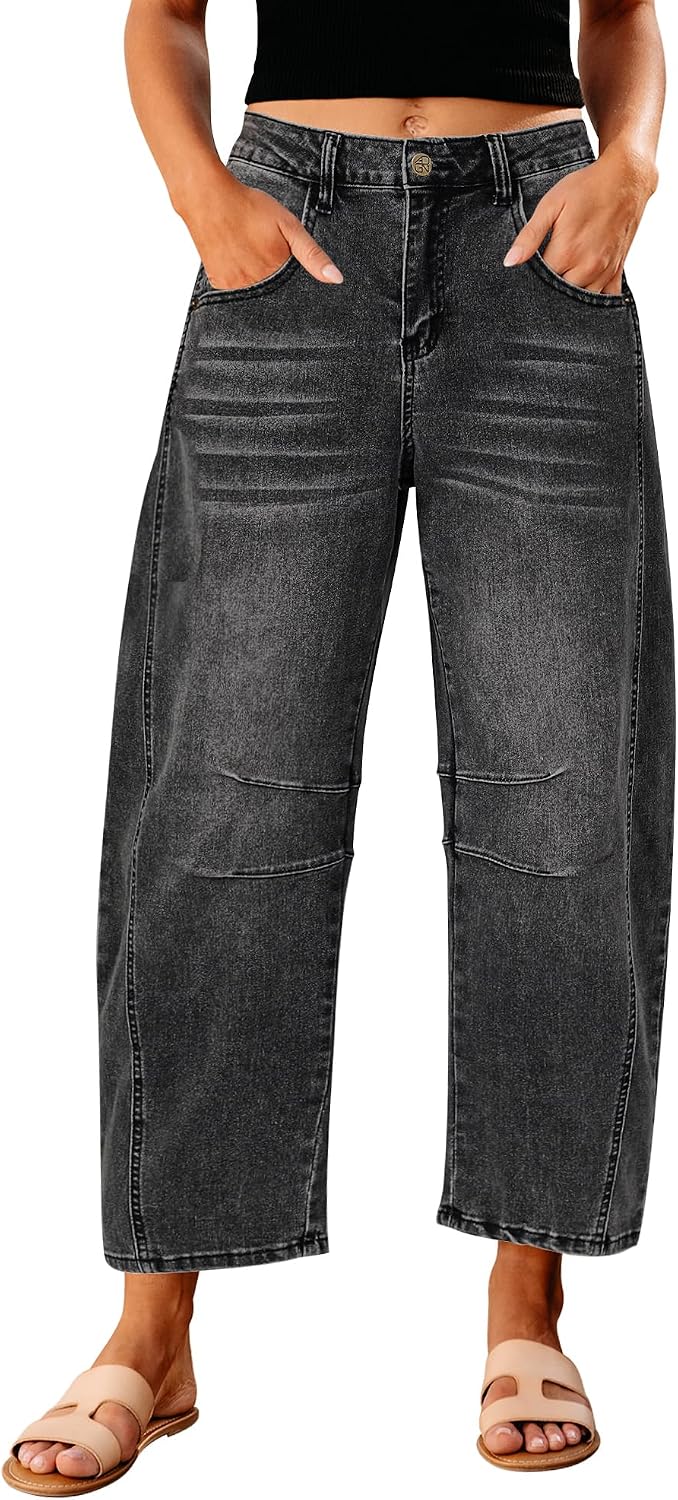 Women's High Rise Barrel Jeans - Cropped Stretch Denim with Seam Detailing for Dressy Casual Outfits - Small