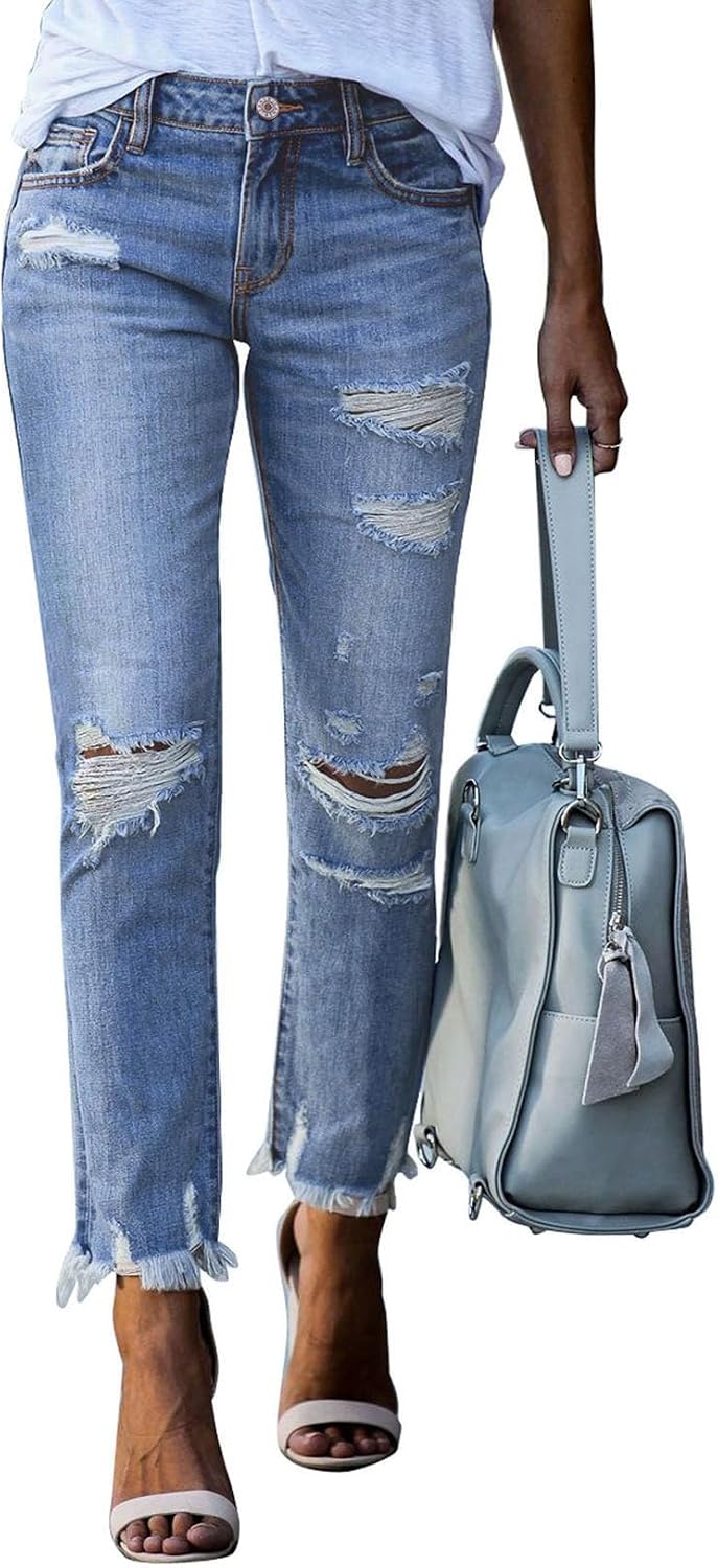 Women's Ripped Straight Leg Jeans - Distressed Boyfriend Denim with Raw Hem and Five Pockets - 4
