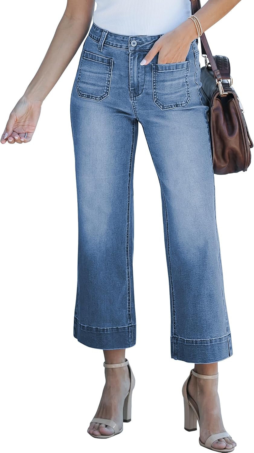 Women's Cropped Flare Jeans - High Rise Wide Leg Denim with Front Patch Pockets for Concert Outfits - Small