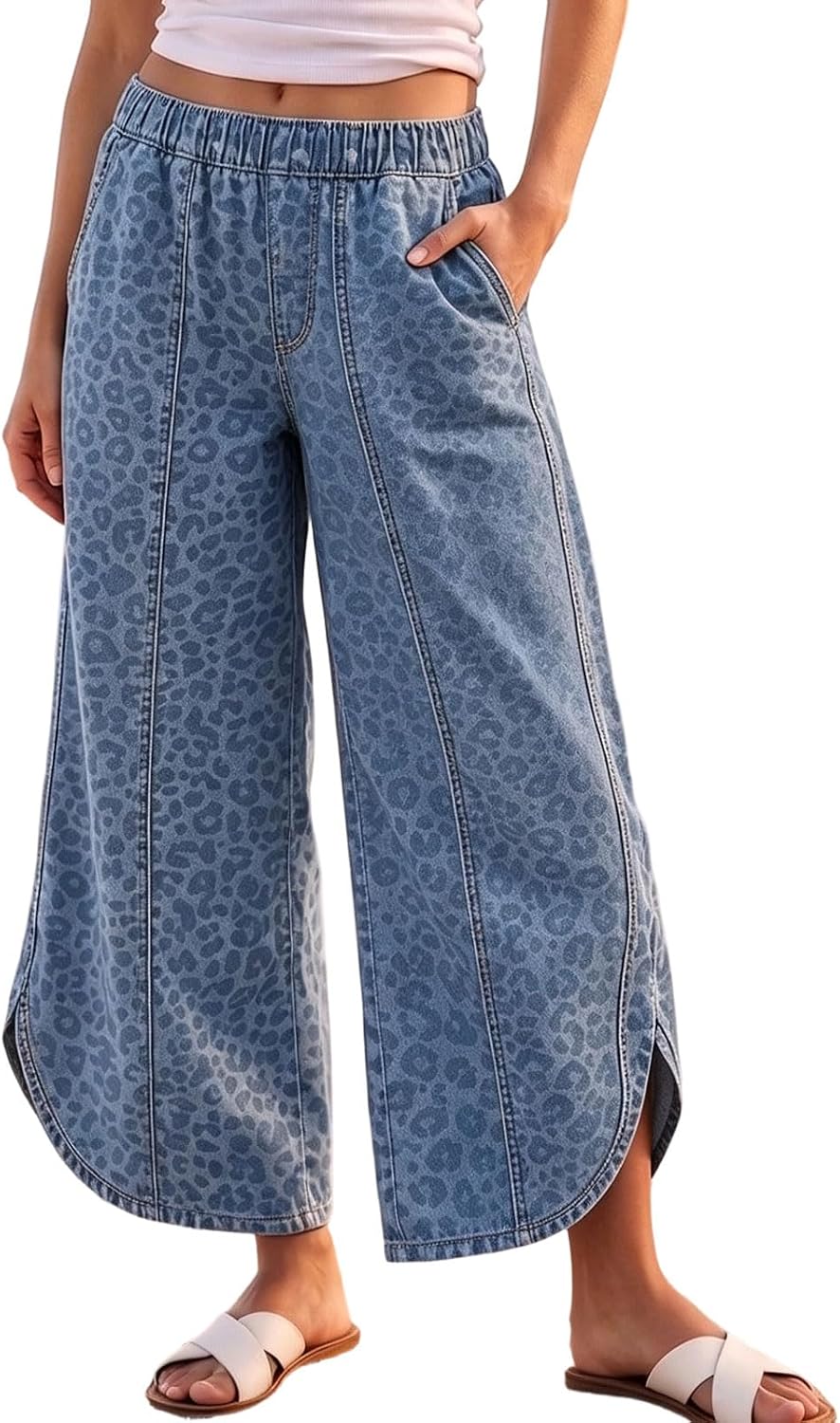 Women's Tulip Hem Wide Leg Jeans - Elastic Waist Cropped Denim Pants with a Casual Y2k Shape - Small