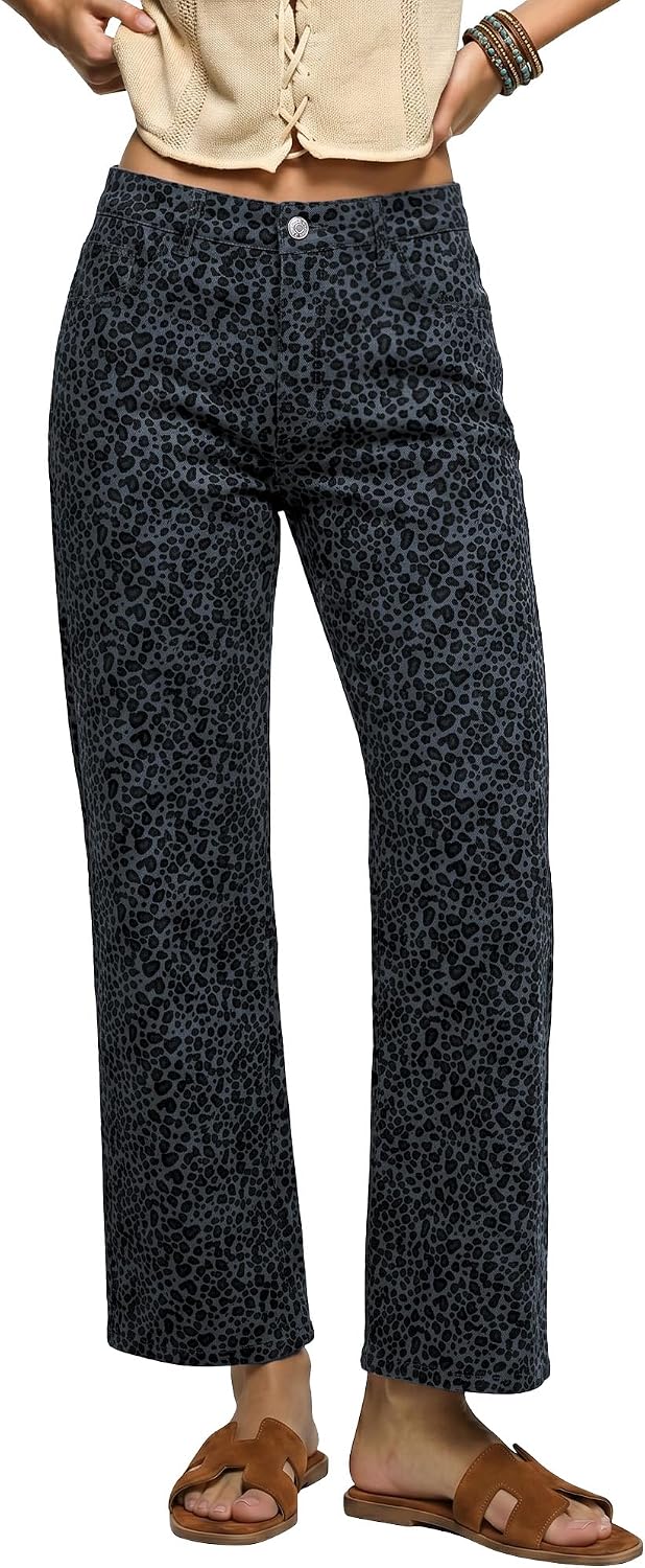 Women's Leopard Print Wide Leg Jeans - Ankle Length Stretch Denim with a High Waist for Fall Outfits - Small (5)