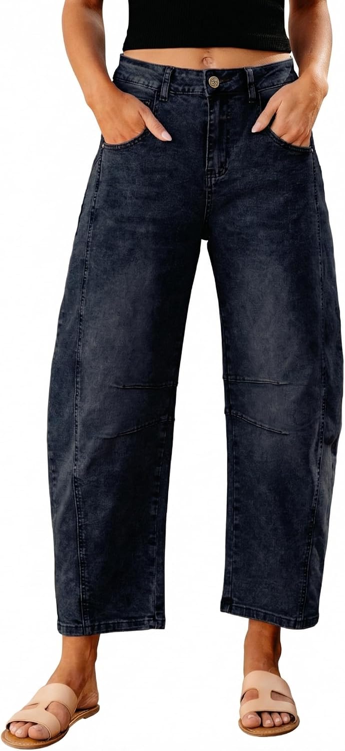Women's High Rise Barrel Jeans - Cropped Stretch Denim with Seam Detailing for Dressy Casual Outfits - Medium