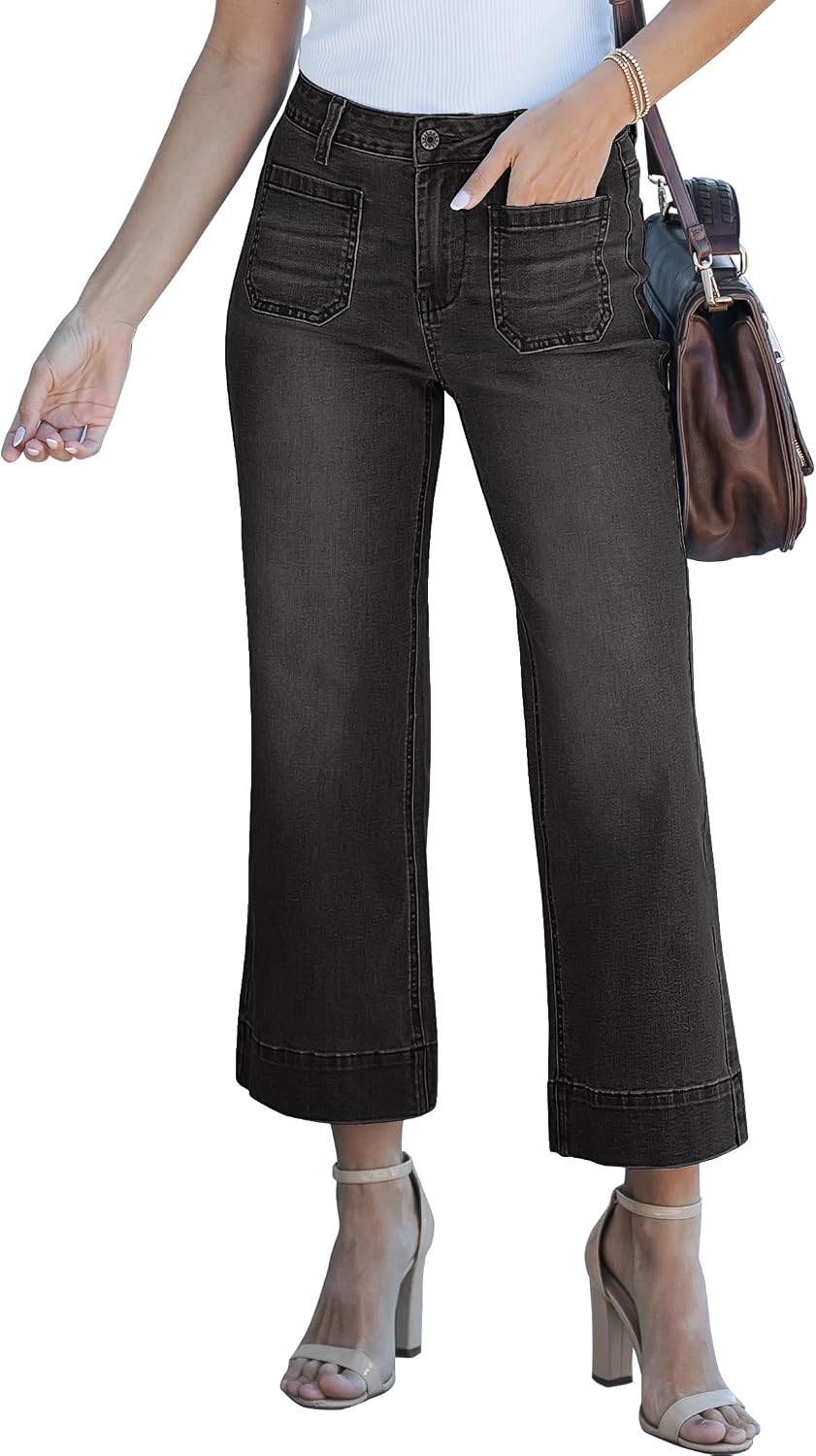 Women's Cropped Flare Jeans - High Rise Wide Leg Denim with Front Patch Pockets for Concert Outfits - Small (14)