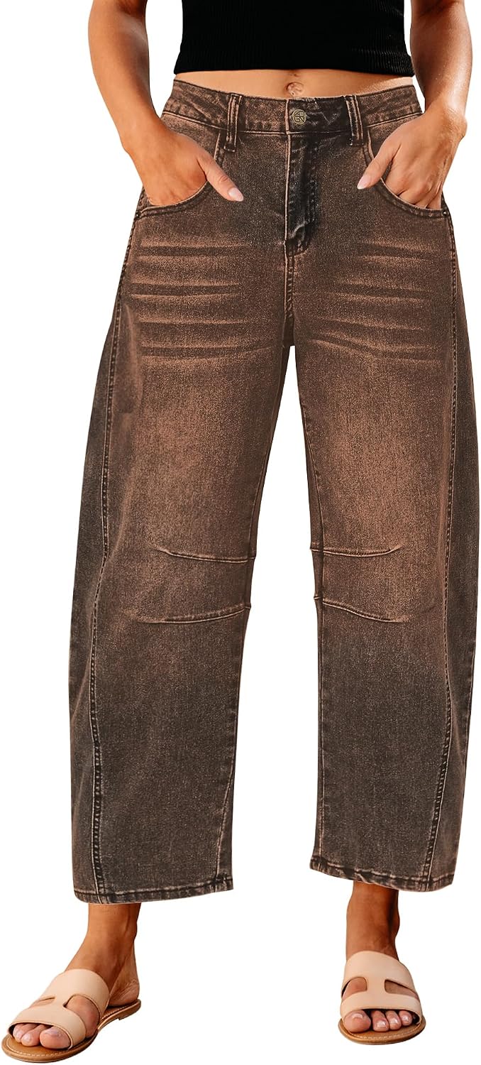 Women's High Rise Barrel Jeans - Cropped Stretch Denim with Seam Detailing for Dressy Casual Outfits - Small (13)