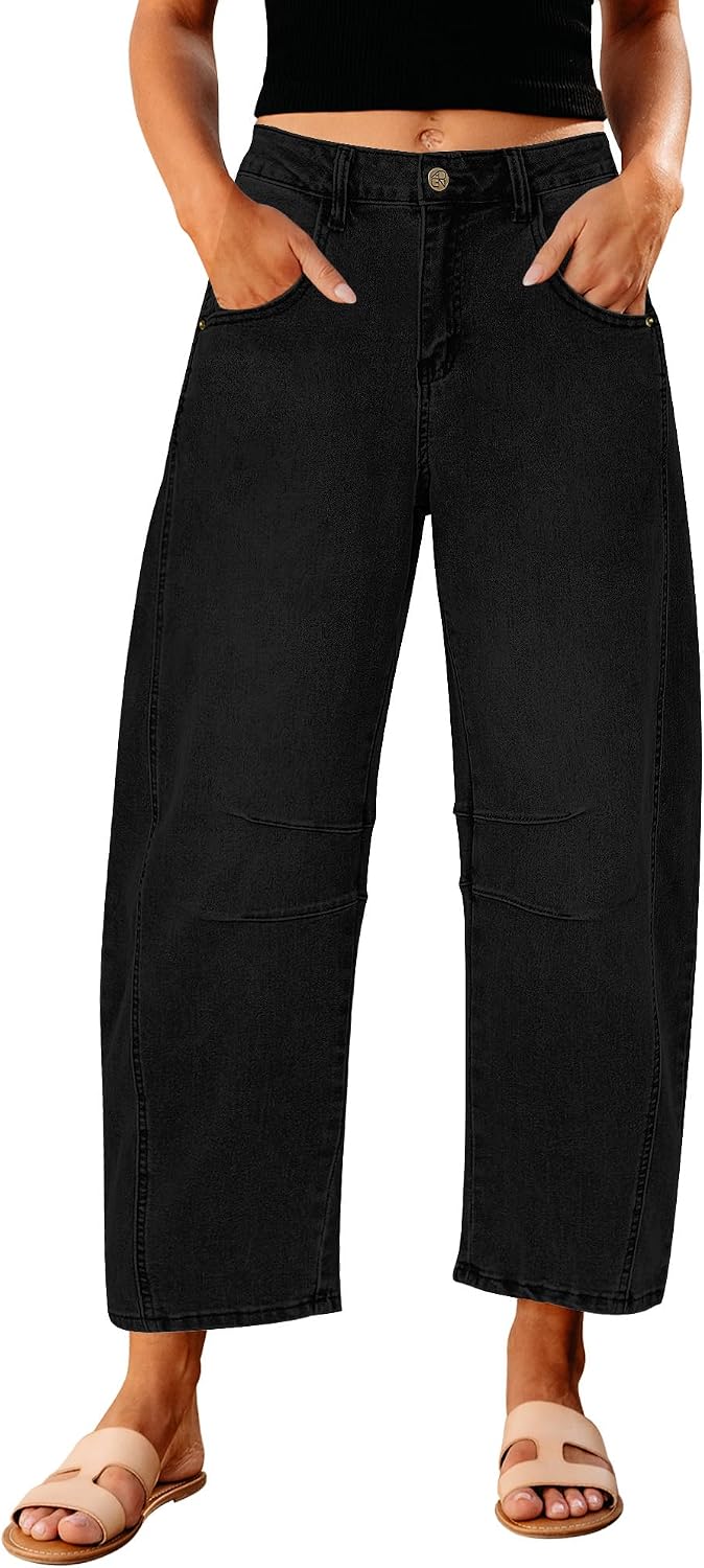 Women's High Rise Barrel Jeans - Cropped Stretch Denim with Seam Detailing for Dressy Casual Outfits - Small