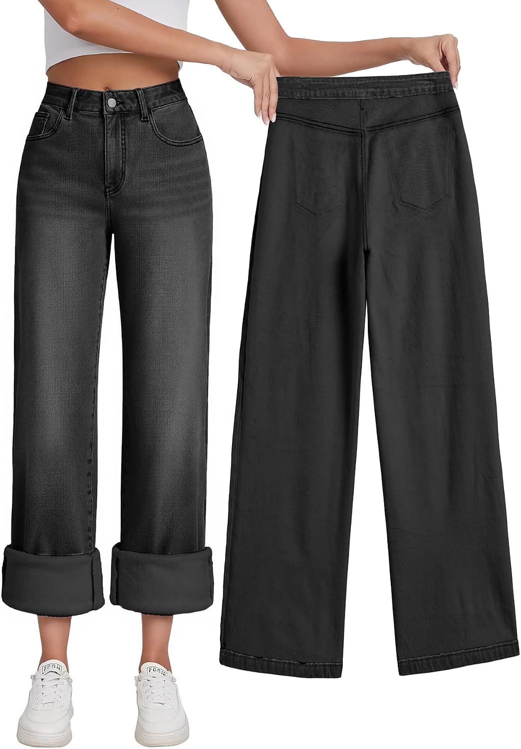 Women's High Waist Wide Leg Jeans - Stretchy Baggy Denim Trousers with Pockets for Relaxed Daily Wear - Medium