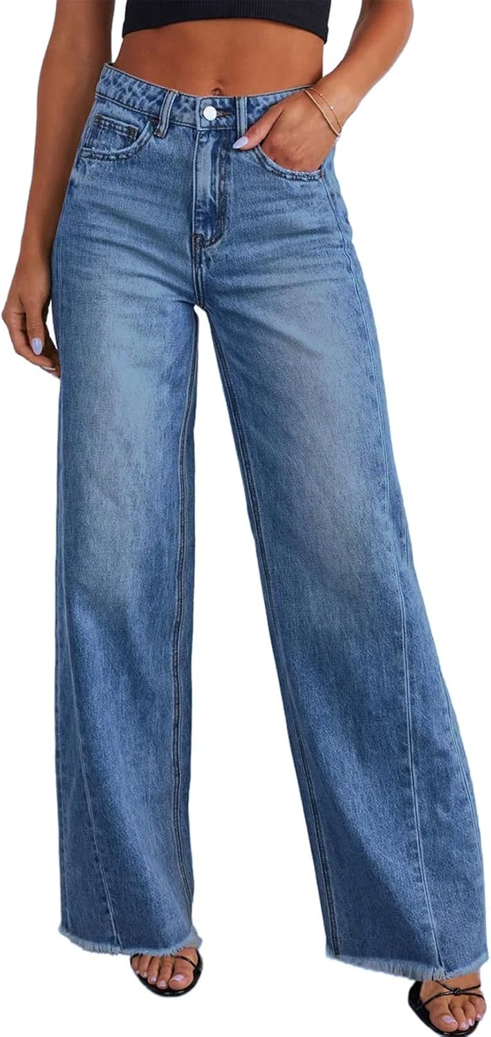 Women's High Waisted Wide Leg Jeans - Raw Hem Baggy Boyfriend Denim in Full Length for Daily Outfits - 0