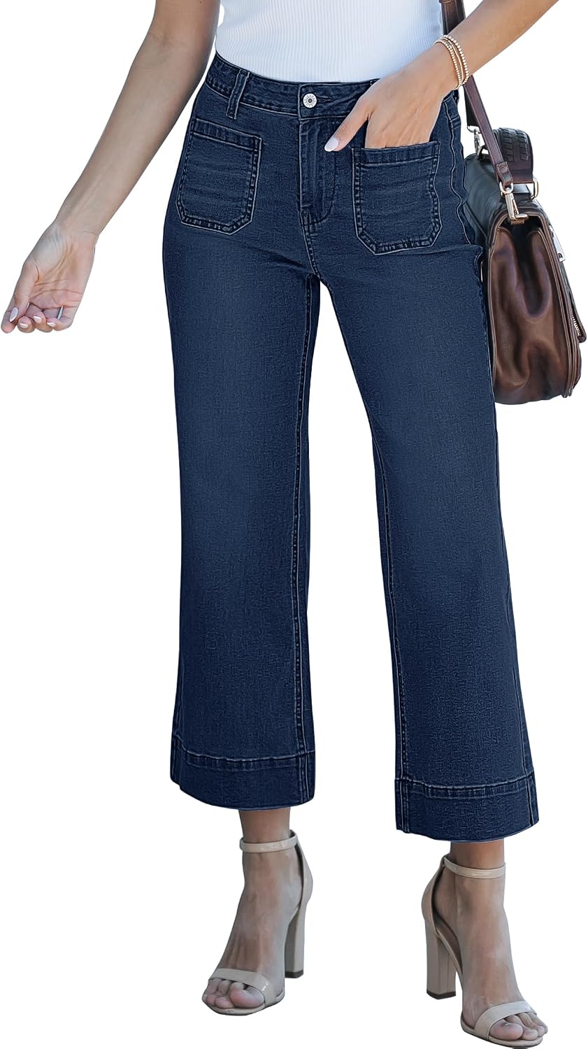 Women's Cropped Flare Jeans - High Rise Wide Leg Denim with Front Patch Pockets for Concert Outfits - Small