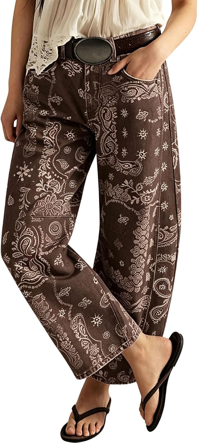 Women's Floral Print Barrel Jeans - Mid Rise Baggy Wide Leg Ankle Denim with Patchwork Detail - Small (10)