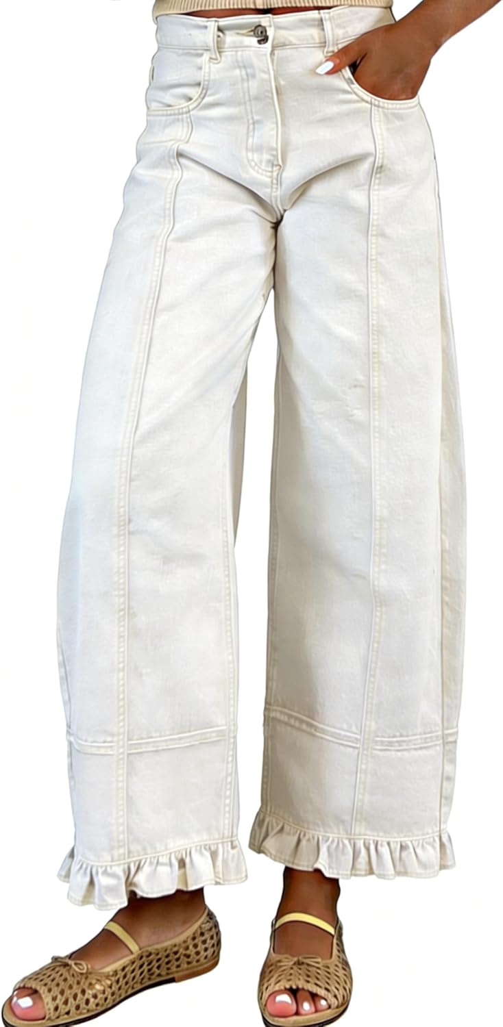 Women's Floral Print Barrel Jeans - Wide Leg Baggy Boyfriend Denim with Patchwork Panels - Small (9)