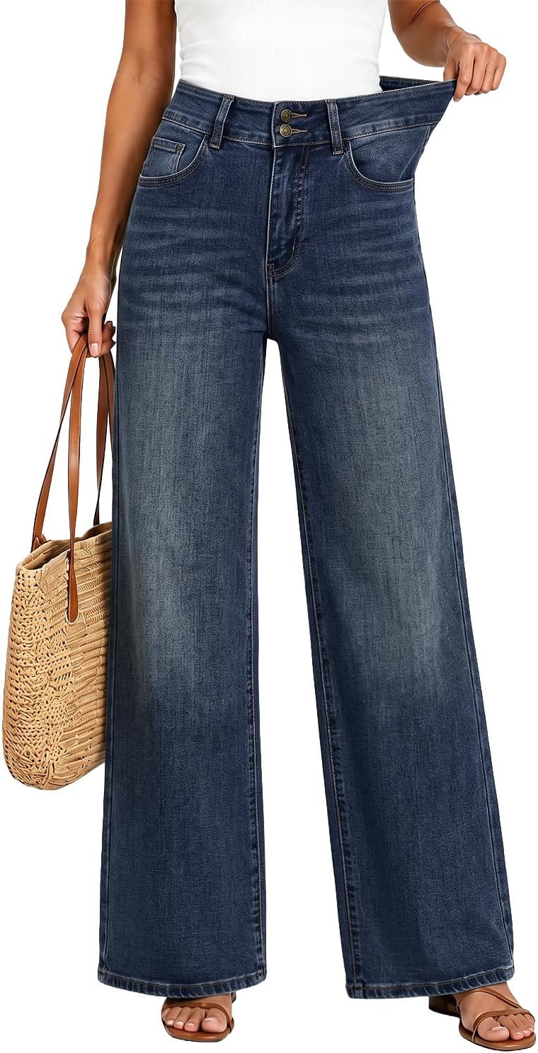 Women's High Rise Wide Leg Jeans - Relaxed Baggy Stretch Denim with a Double Button Waist - 2
