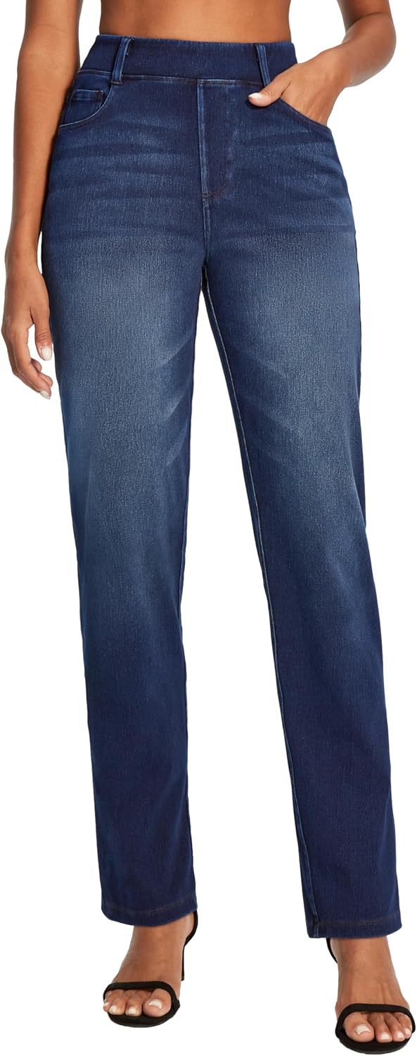 Women's Pull On Straight Leg Jeans - Elastic Waist Tummy Control Denim in Two Lengths for the Office - Petite