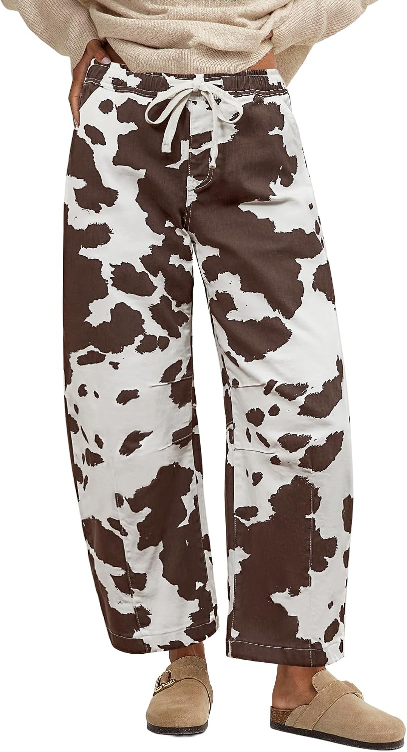 Women's Leopard Print Barrel Jeans - High Waisted Pull On Cropped Wide Leg Stretch Denim for Autumn - Small (12)