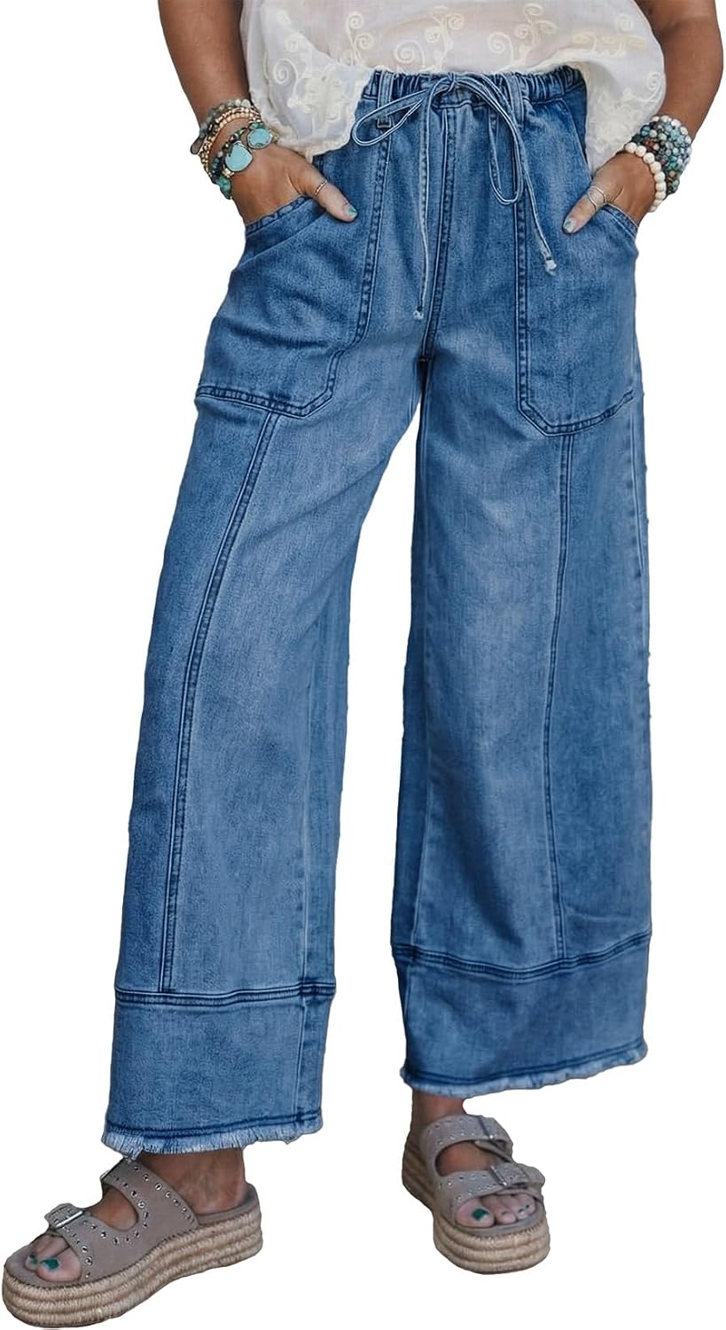 Women's High Waisted Wide Leg Jeans - Baggy Stretch Denim with an Adjustable Drawstring Waist - 4