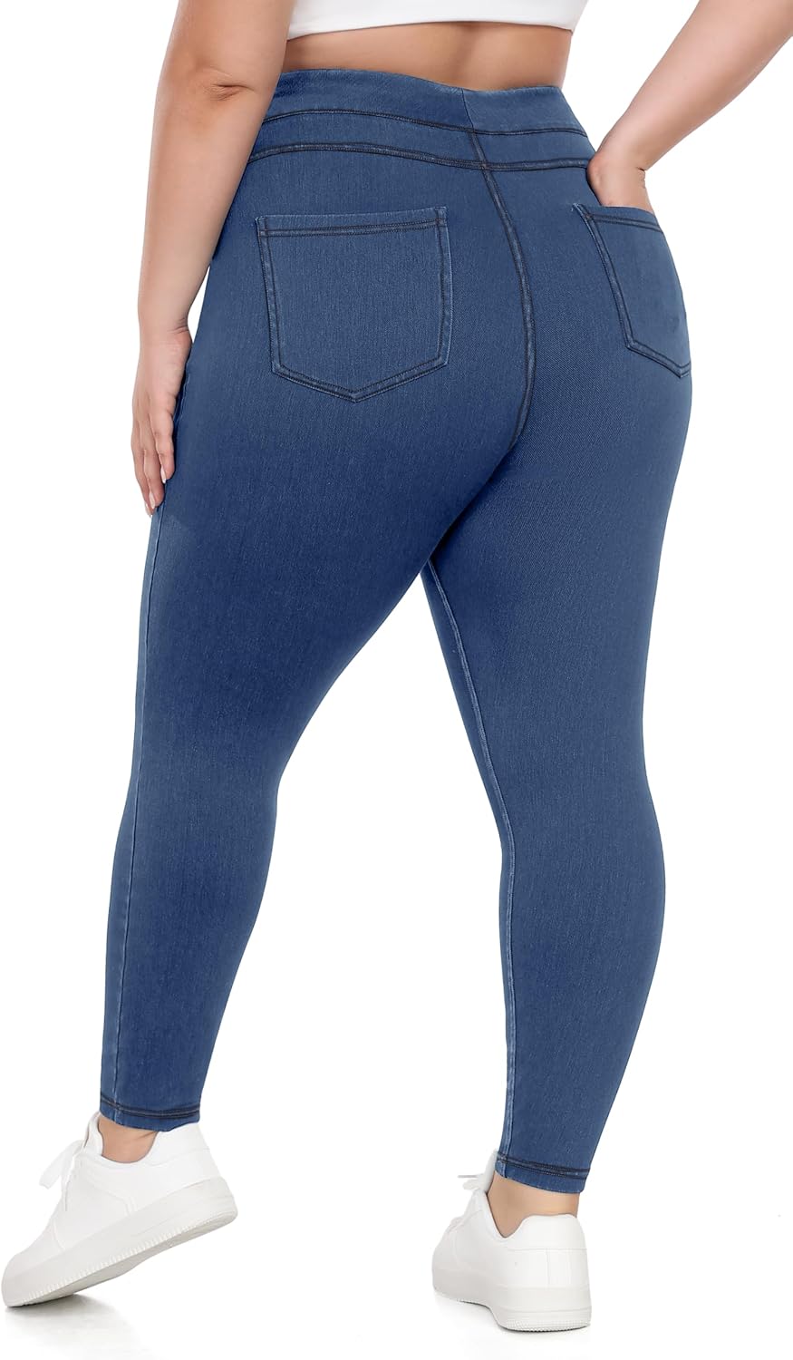 Women's Pull On Denim Jeggings - High Waist Skinny Leggings with Tummy Control and Four Pockets - Plus Size