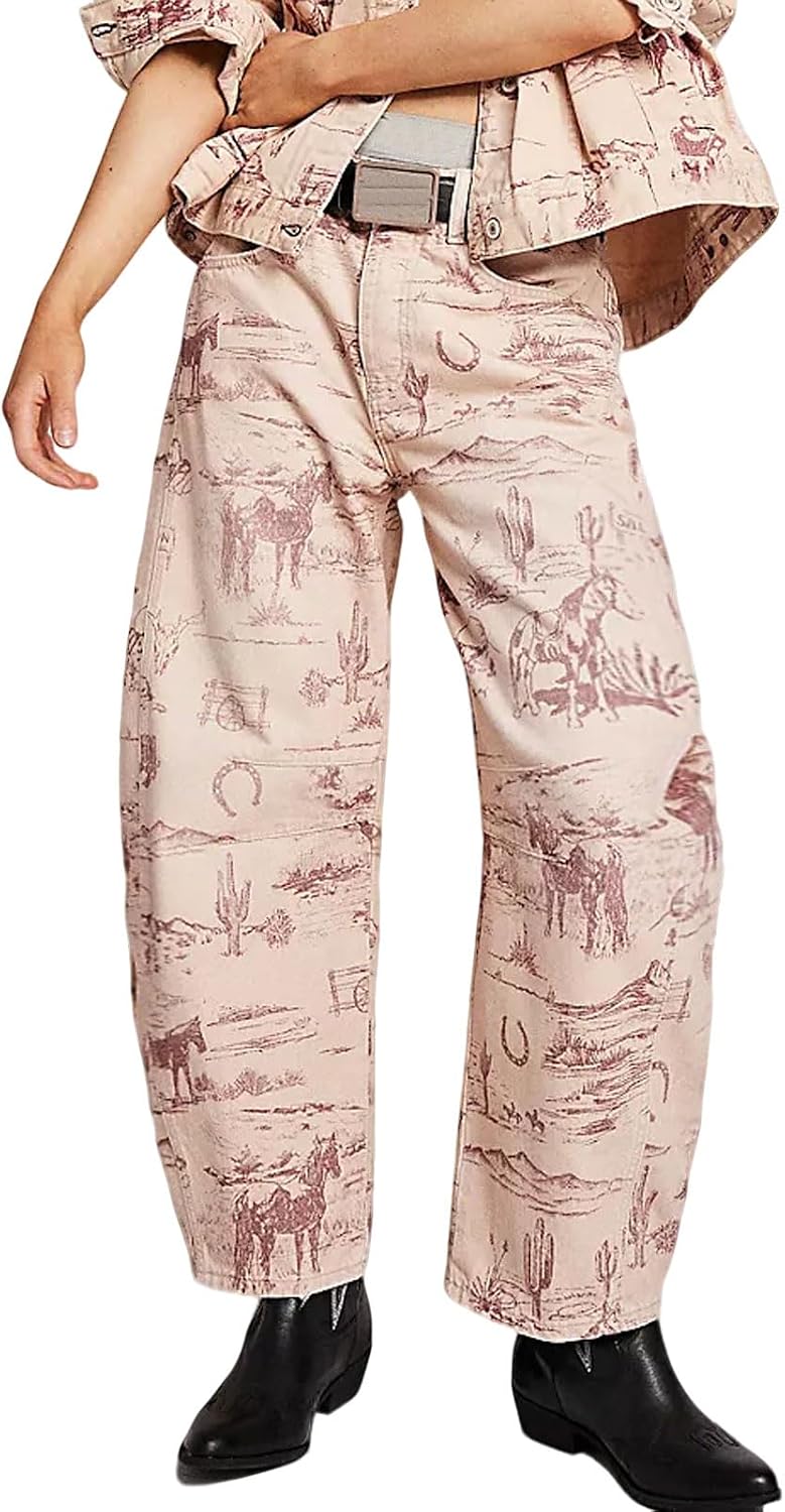 Women's Floral Print Barrel Jeans - Mid Rise Baggy Wide Leg Ankle Denim with Patchwork Detail - Small (15)