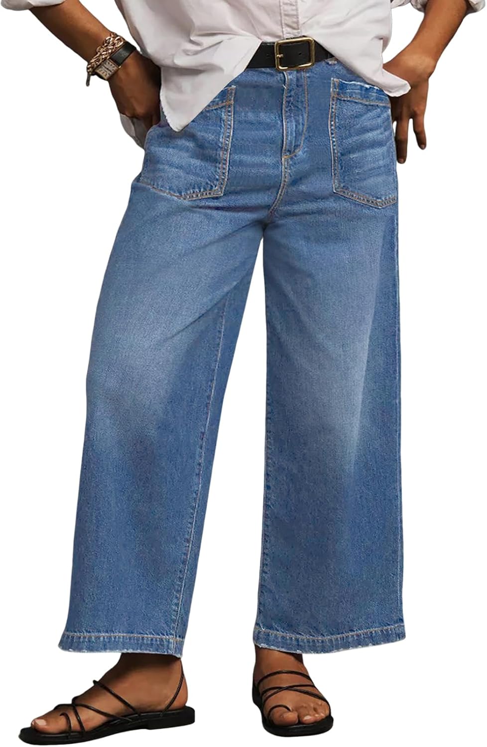 Women's Plus Size Wide Leg Jeans - High Waisted Baggy Stretch Denim with Pockets in Sizes 1X to 5X - 1X