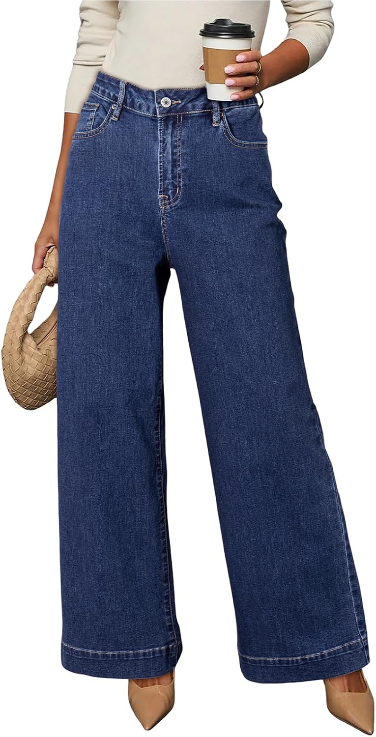 Women's High Waisted Wide Leg Jeans - Loose Stretch Denim with a Straight Leg for Everyday Casual Wear - 4