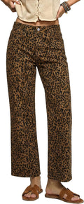 Women's Leopard Print Wide Leg Jeans - Ankle Length Stretch Denim with a High Waist for Fall Outfits - Small (6)