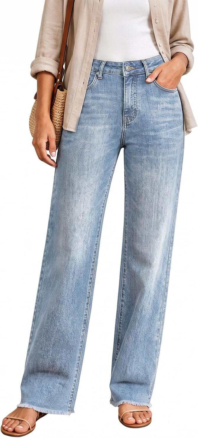 Women's High Waisted Straight Leg Jeans - Tummy Control Stretch Denim with a Raw Edge Hem - 2 Short