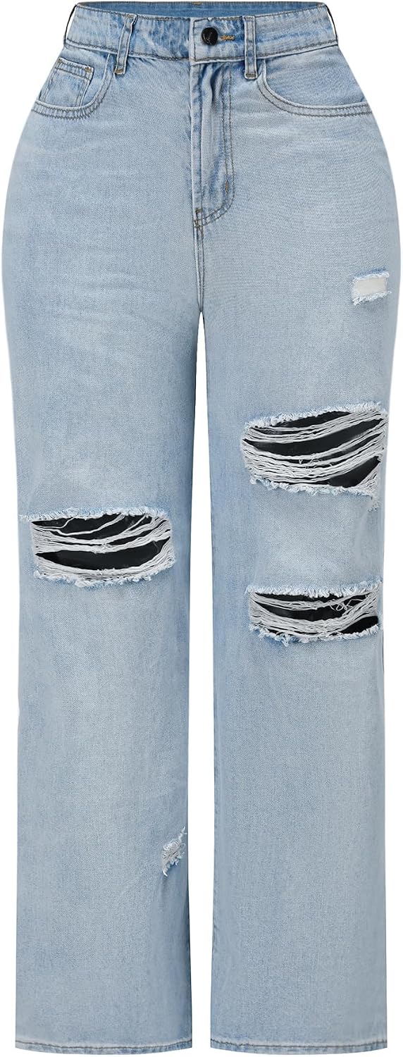 Women's High Waisted Wide Leg Jeans - Distressed Stretch Denim in Fourteen Washes for Casual Days - 2