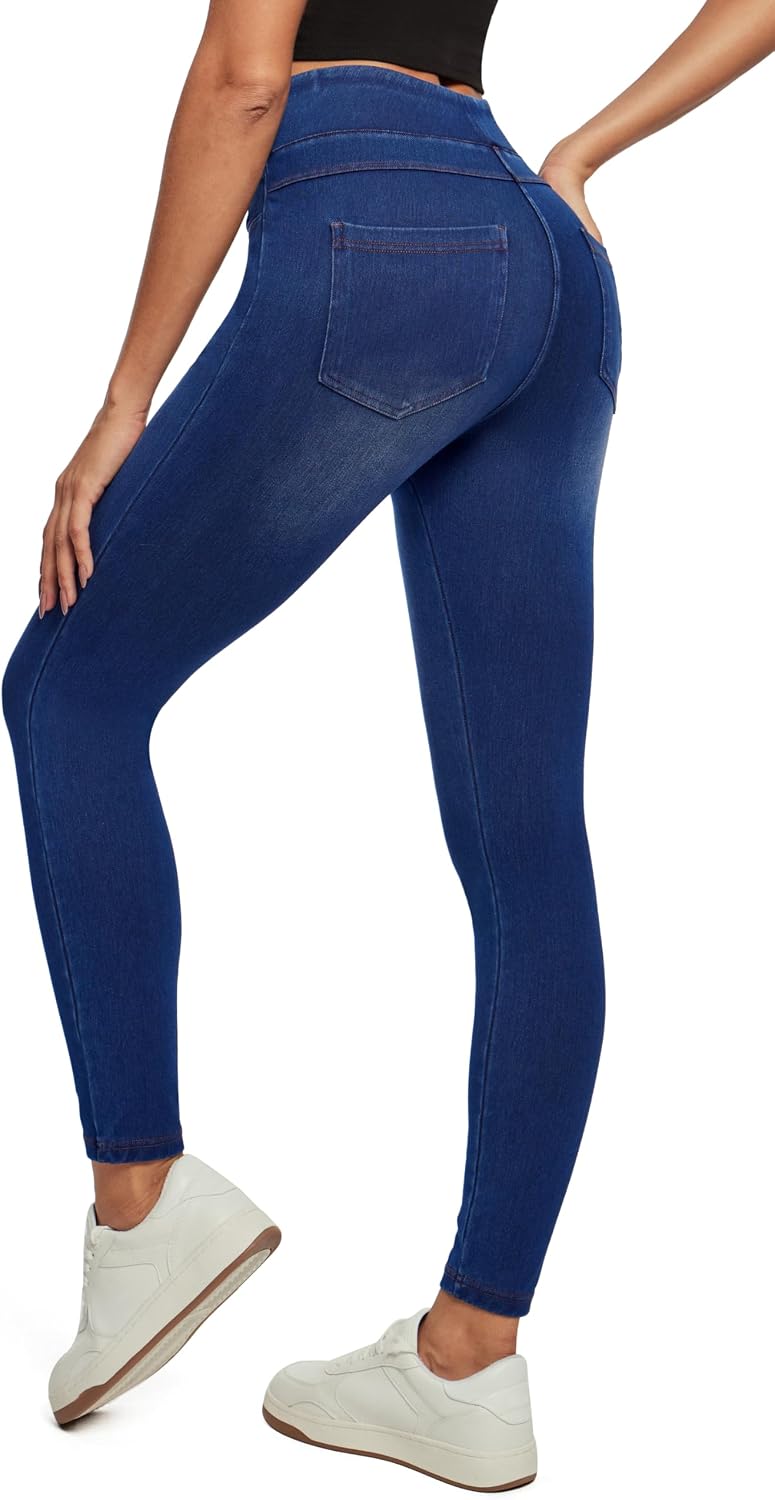 Women's Pull On Denim Jeggings - High Waist Skinny Leggings with Tummy Control and Four Pockets - Plus Size (8)