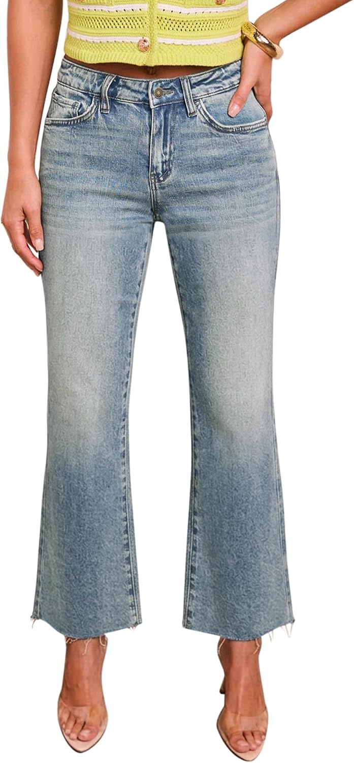 Women's Stretch Denim Flare Jeans - High Rise Raw Hem Ankle Crop with Bootcut Leg for Daily Wear - 2