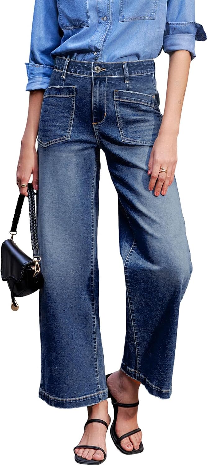Women's Wide Leg Ankle Jeans - High Waisted Stretch Denim with Four Patch Pockets and Distressing - 6