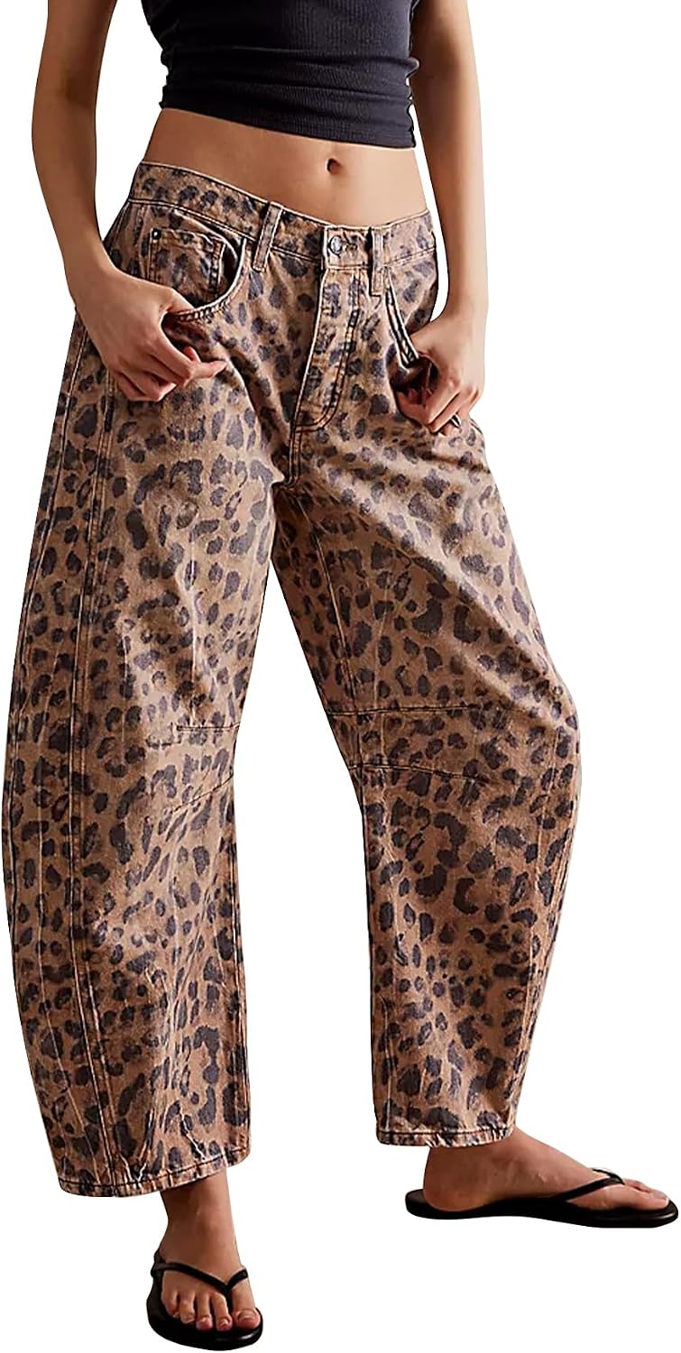 Women's Leopard Print Barrel Jeans - Cropped Baggy Denim with a Tapered Hem for Casual Y2k Outfits - Small