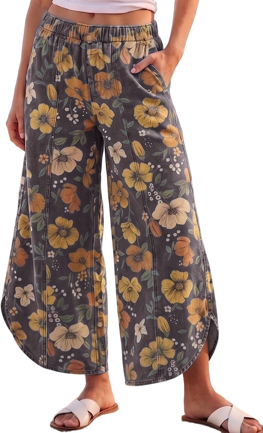 Women's Tulip Hem Wide Leg Jeans - Elastic Waist Cropped Denim Pants with a Casual Y2k Shape - Small