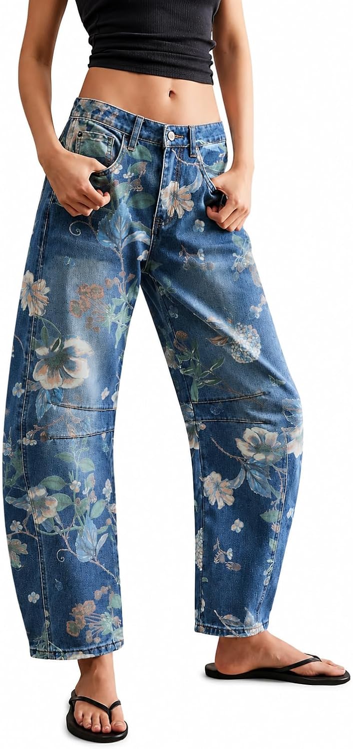 Women's Leopard Print Barrel Jeans - Cropped Baggy Denim with a Tapered Hem for Casual Y2k Outfits - Small